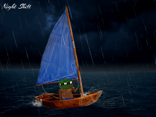 'Night Shift' illustration of a cartoon frog sailing a small wooden boat with a blue sail across a dark, stormy sea at night in the rain