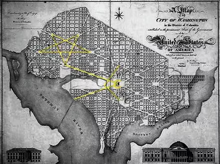 Historic map of Washington, D.C. with yellow lines drawn between streets and landmarks forming geometric shapes